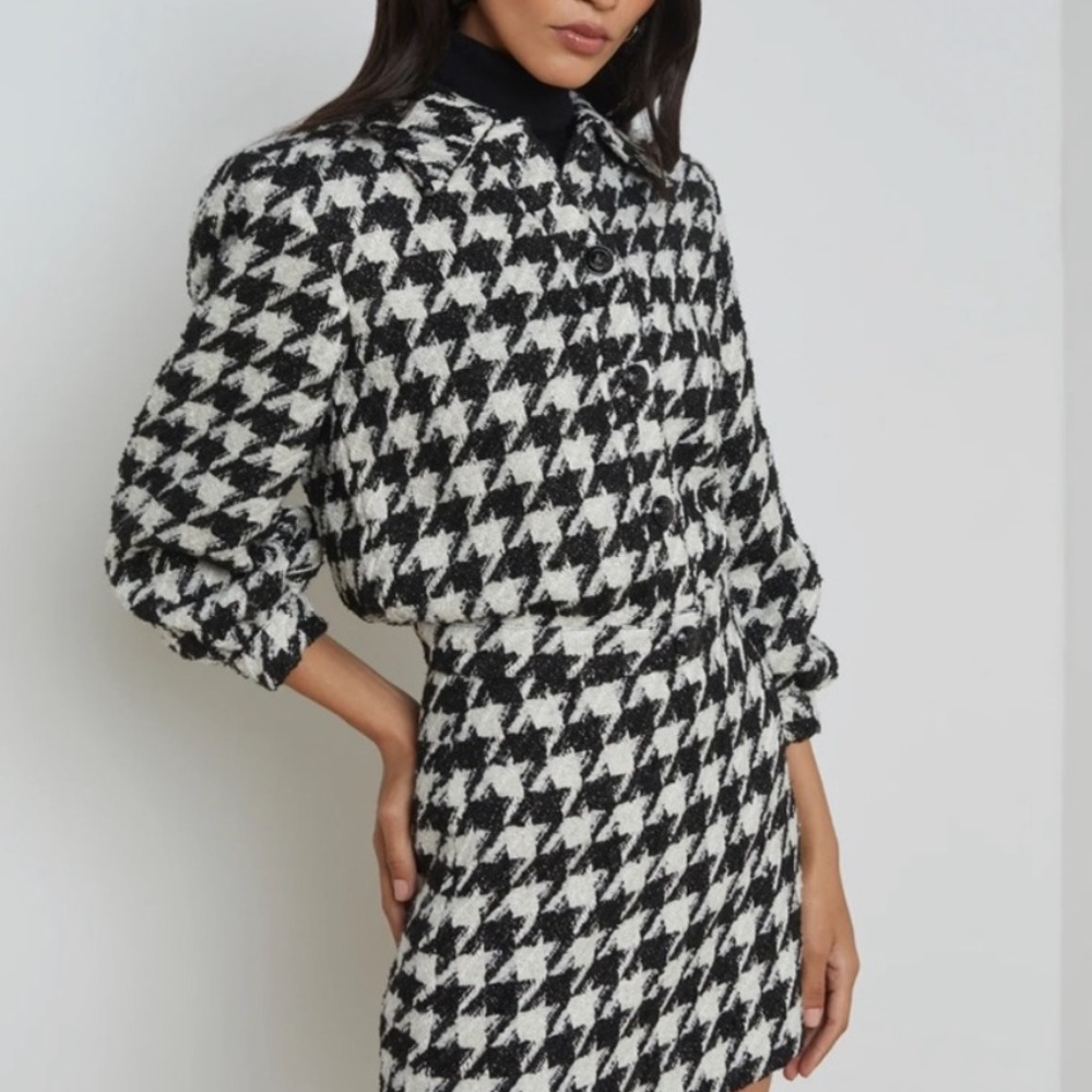 L’Agence Bridges Crop Metallic Woven Black White Houndstooth Blazer Jacket 8 - Picture 5 of 10
